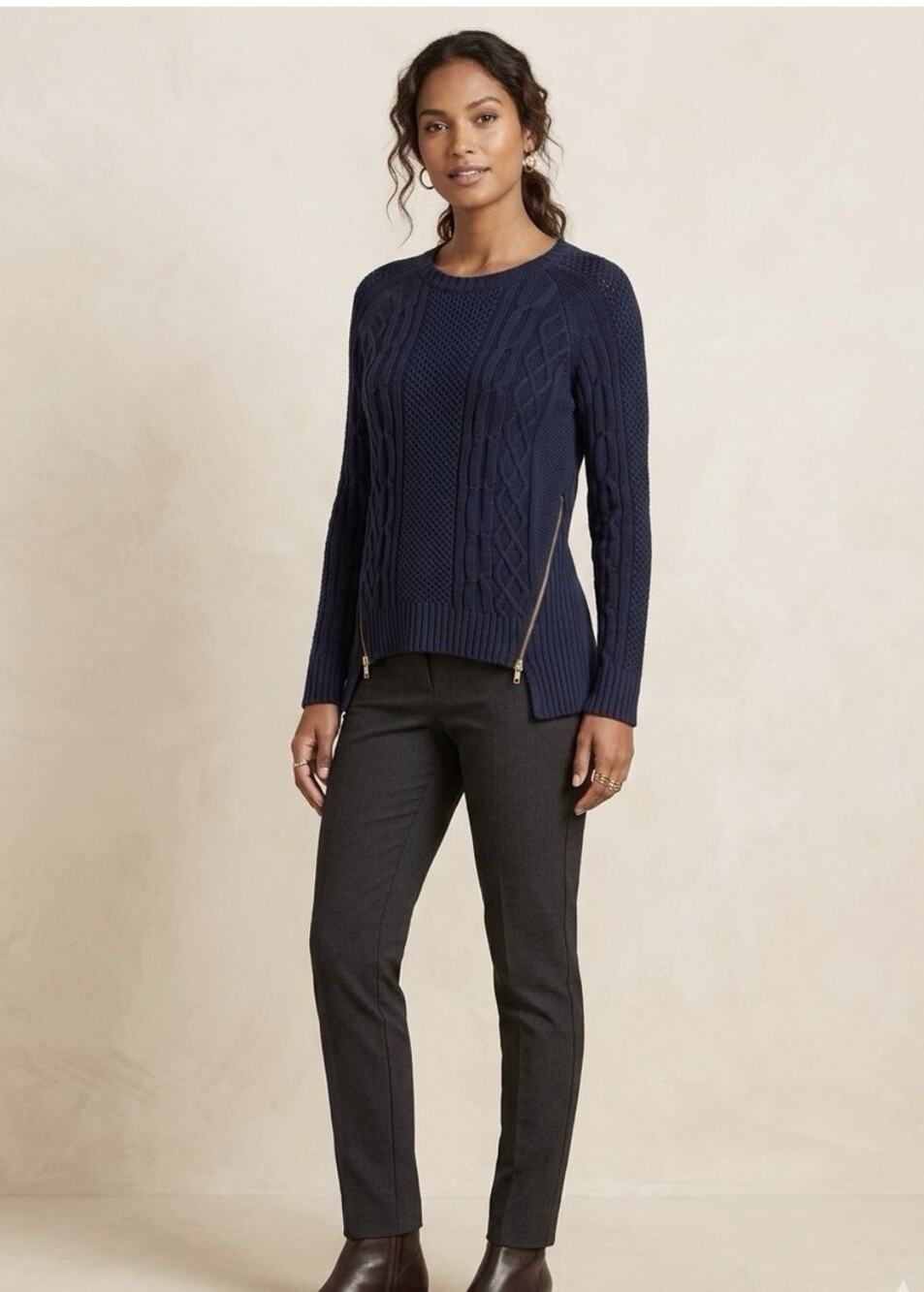 CAbi Double Zip Hem Navy 3D Cable Knit Sweater Cotton Blend Pullover M Preppy